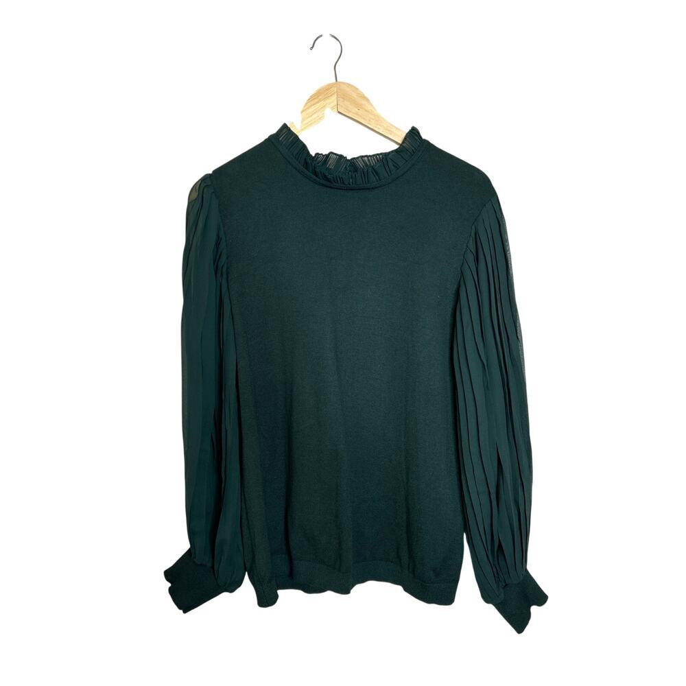 Adrianna‎ Papell Ruffle Collar  Sweater Blouse with Balloon Sleeves Size L Green